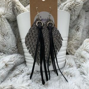 Embossed silver leather feather earring